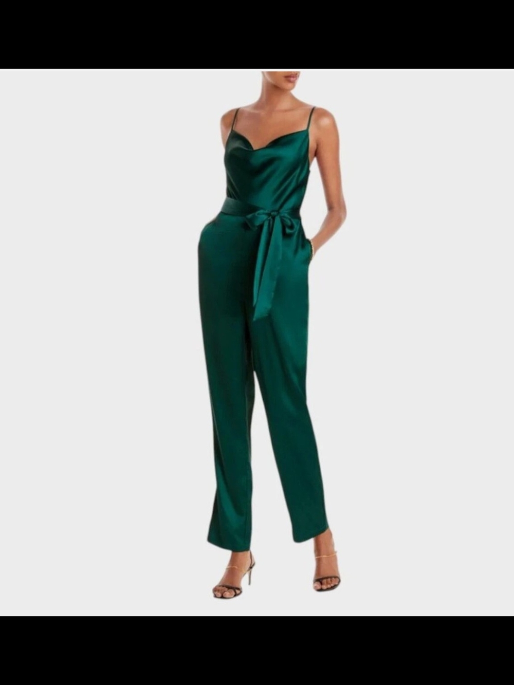 Aqua Emerald Satin Cowl-Neck Jumpsuit with Tie Waist